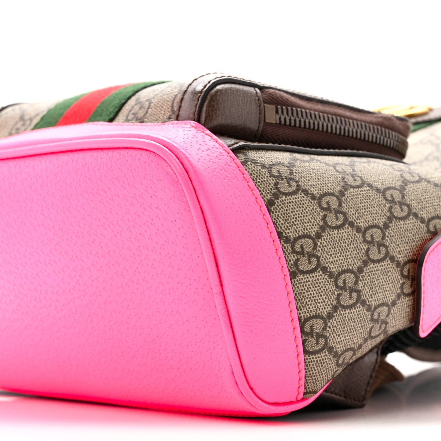 GG Supreme Monogram Textured Dollar Calfskin Web Small Ophidia Day Backpack Beige Ebony Fluorescent Fuchsia