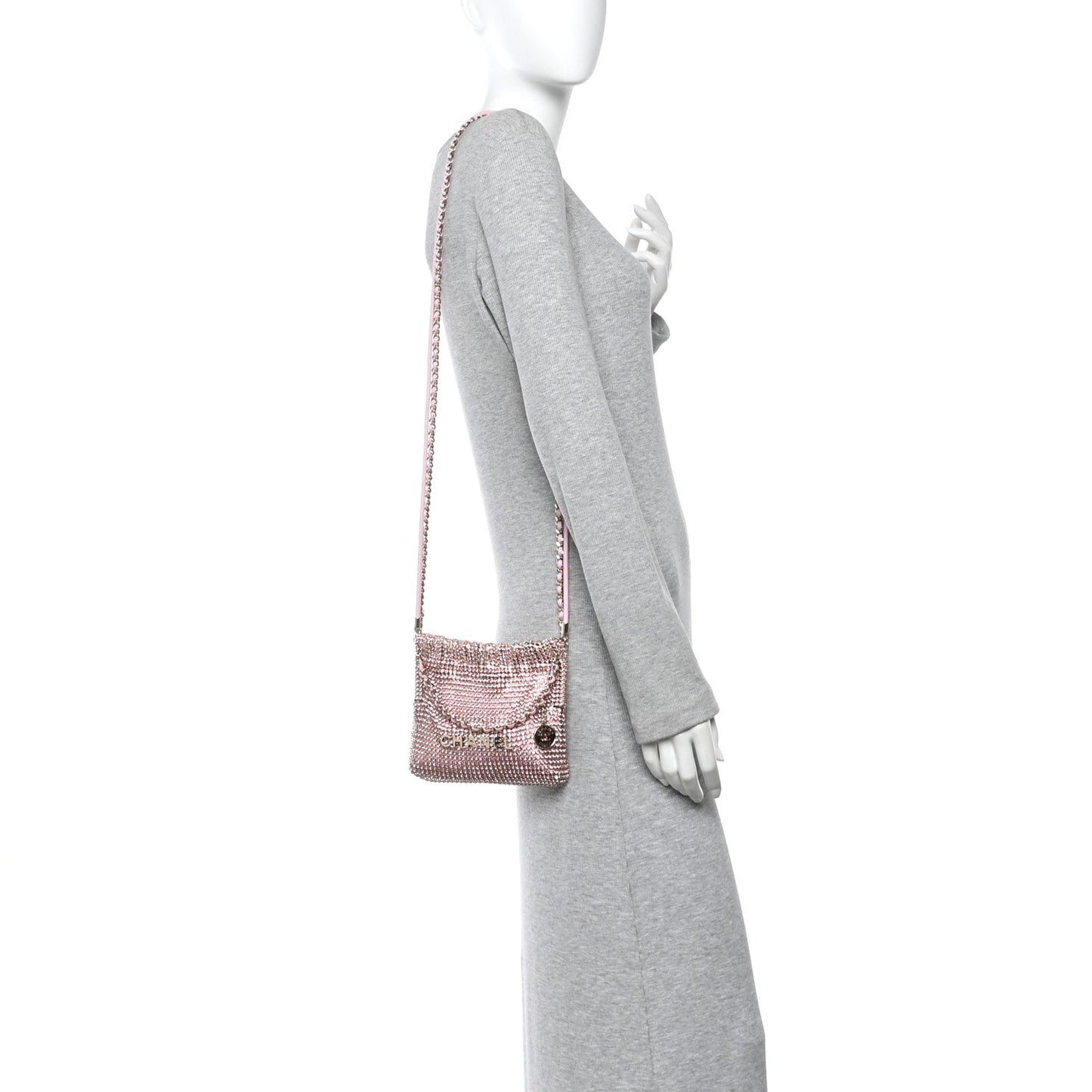 Crystal Embellished Metallic Lambskin Mini Chanel 22 Light Pink