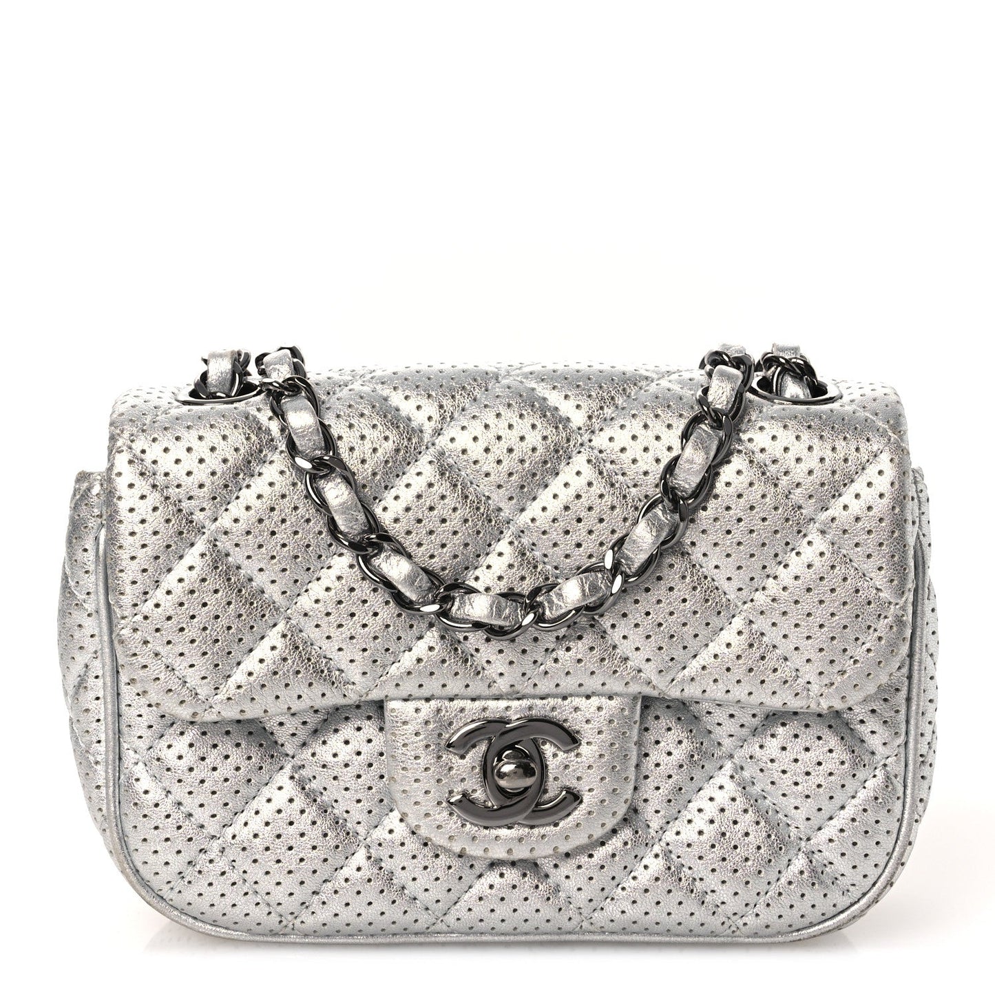 Metallic Lambskin Perforated Mini Rectangular Flap Silver