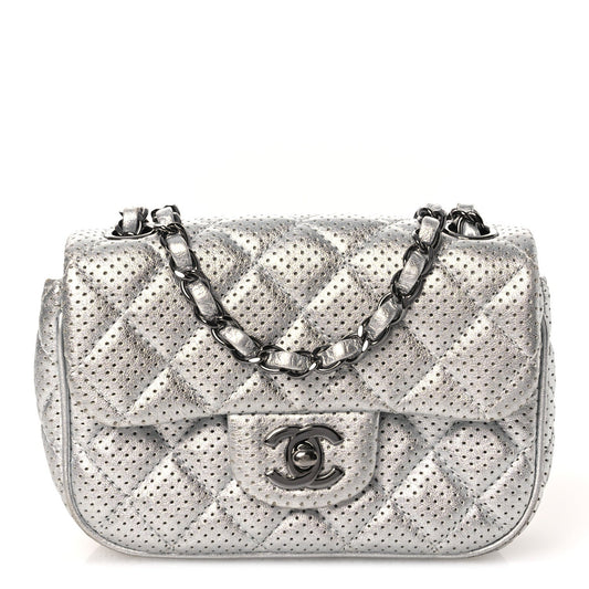 Metallic Lambskin Perforated Mini Rectangular Flap Silver