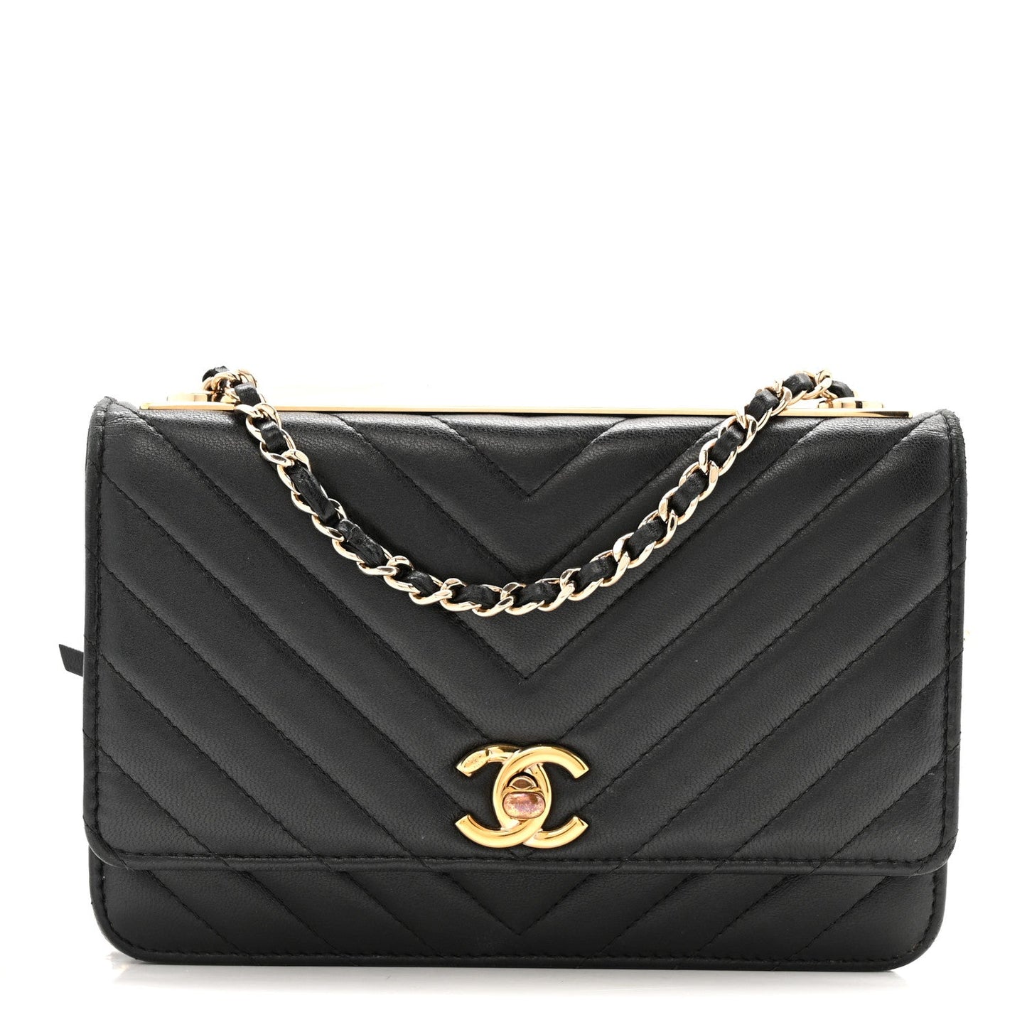 Lambskin Chevron Quilted Trendy CC Wallet On Chain WOC Black