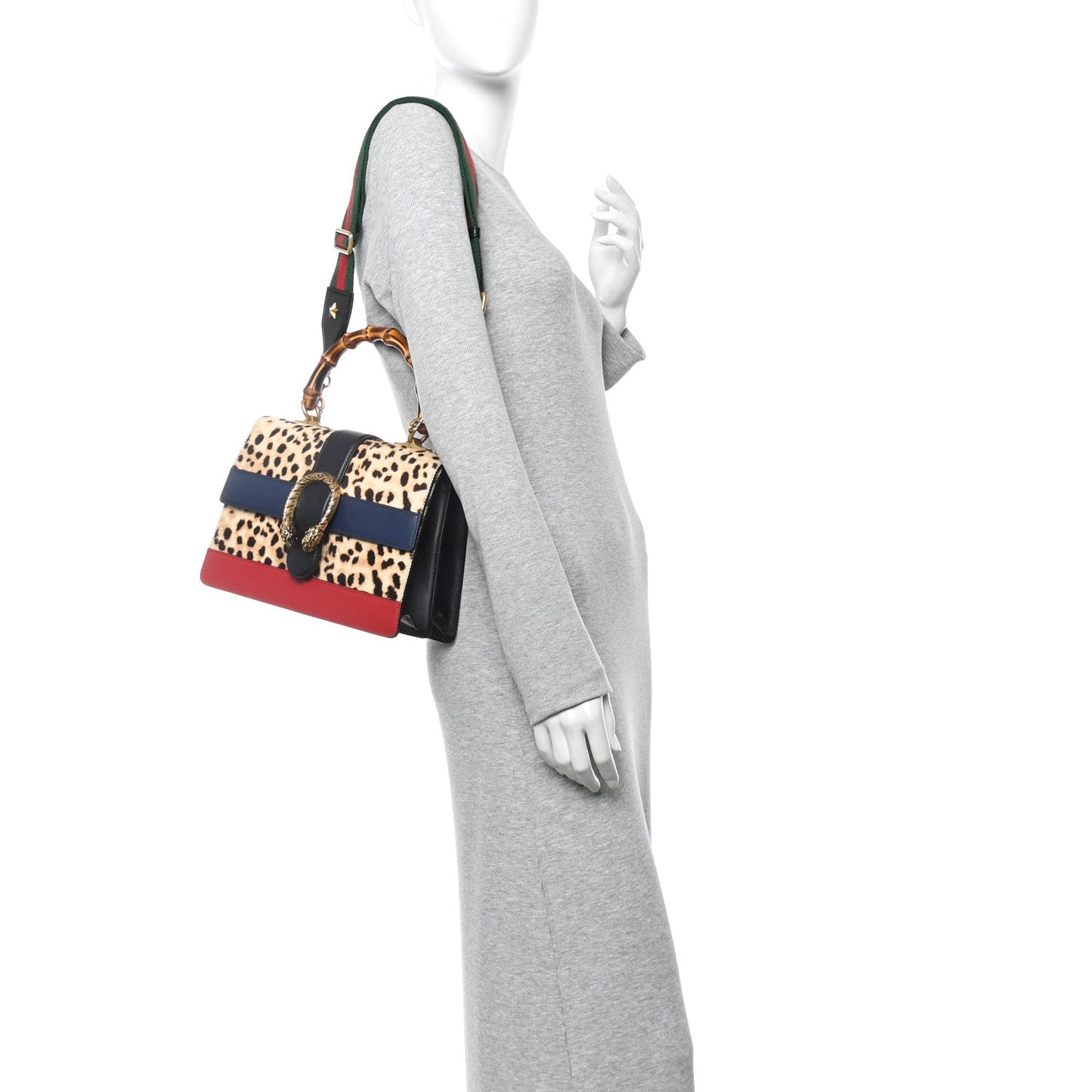 Calf Hair Calfskin Bamboo Web Leopard Print Medium Dionysus Top Handle Bag Natural Blue Agata Hibiscus Red