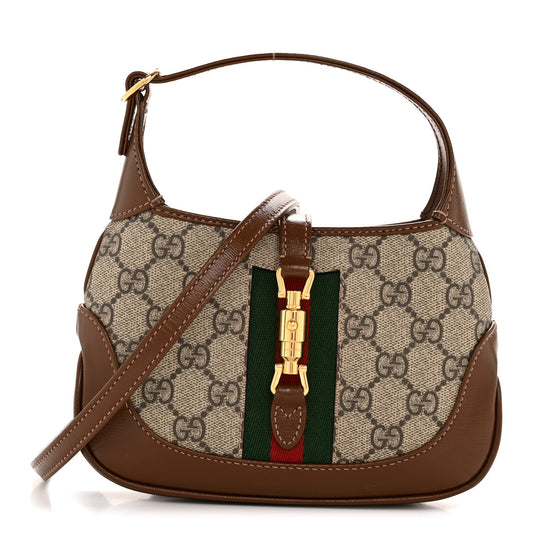 GG Supreme Monogram Azalea Calfskin Web Mini Jackie 1961 Hobo Beige Ebony Brown Sugar