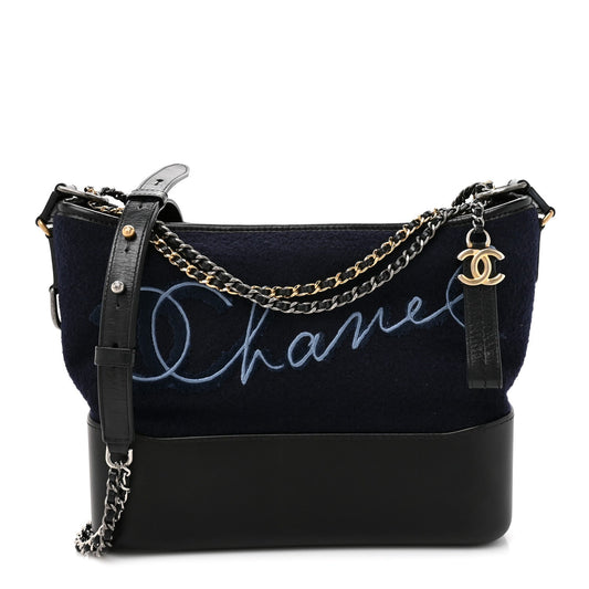Calfskin Wool Embroidered Paris Hamburg Medium Gabrielle Hobo Dark Navy Blue