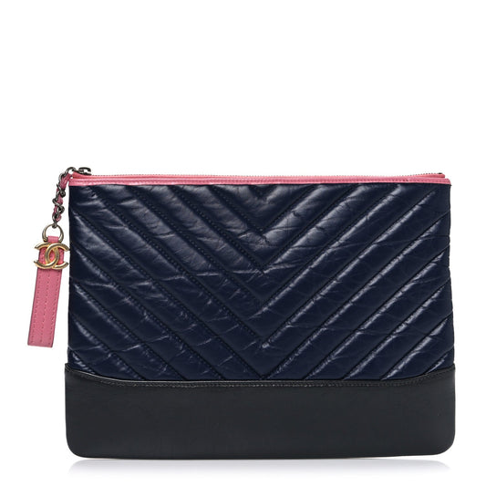 Aged Calfskin Chevron Quilted Medium Gabrielle Cosmetic Case Dark Pink Navy Charcoal