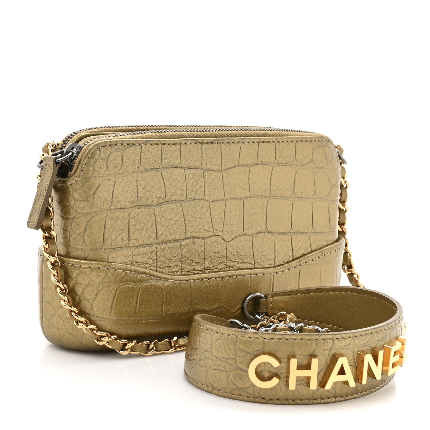 Metallic Calfskin Crocodile Embossed Small Gabrielle Clutch With Chain Gold