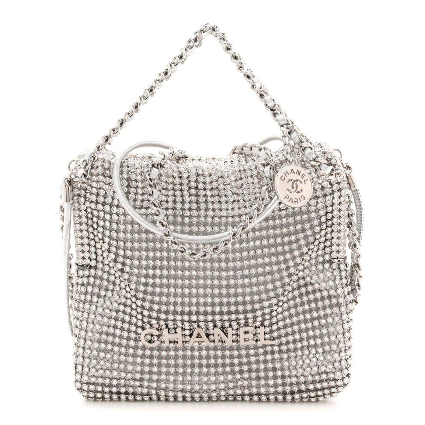 Crystal Embellished Metallic Lambskin Mini Chanel 22 Silver