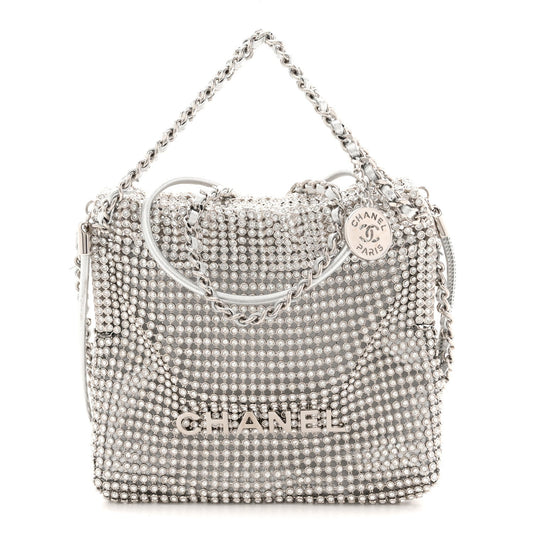 Crystal Embellished Metallic Lambskin Mini Chanel 22 Silver