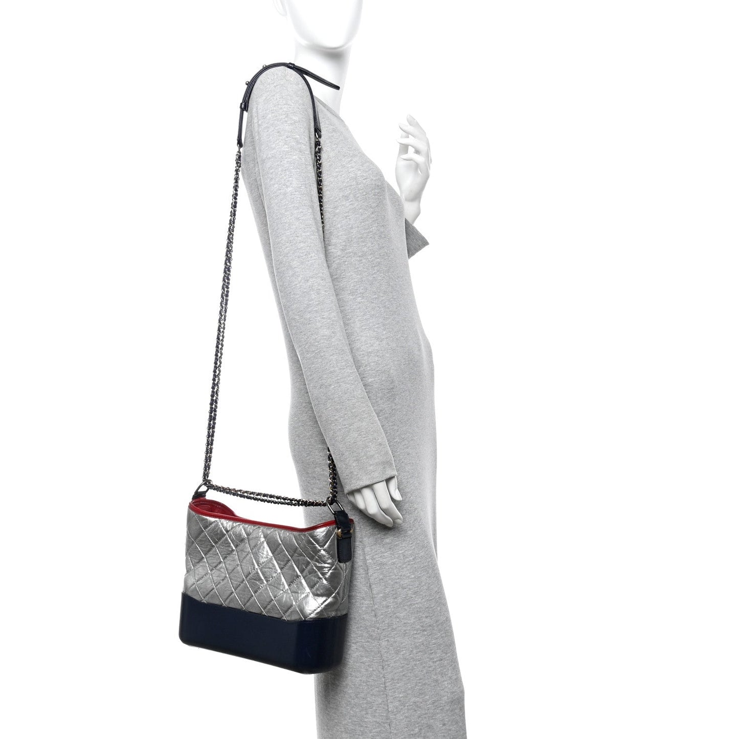 Metallic Aged Calfskin Quilted Medium Gabrielle Hobo Silver Navy Red