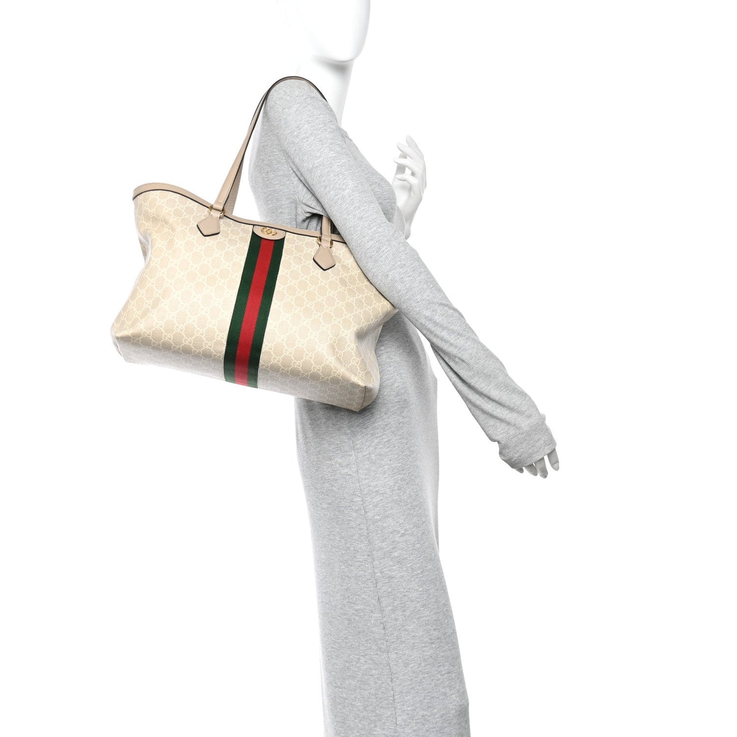 GG Supreme Monogram Textured Dollar Calfskin Web Medium Ophidia Shopping Tote Beige Mystic White Oatmeal