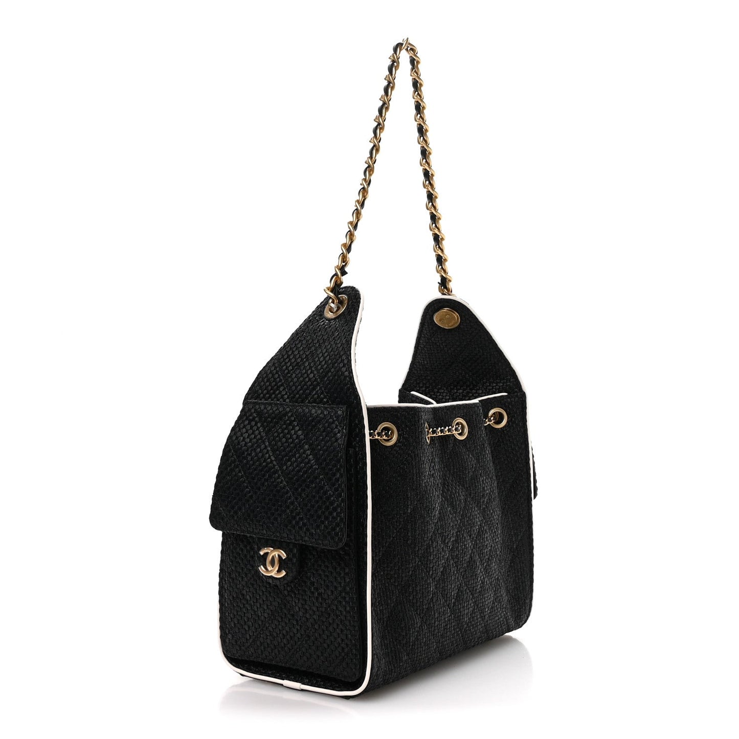 Braided Raffia Calfskin Small Chanel 25 Handbag Black White