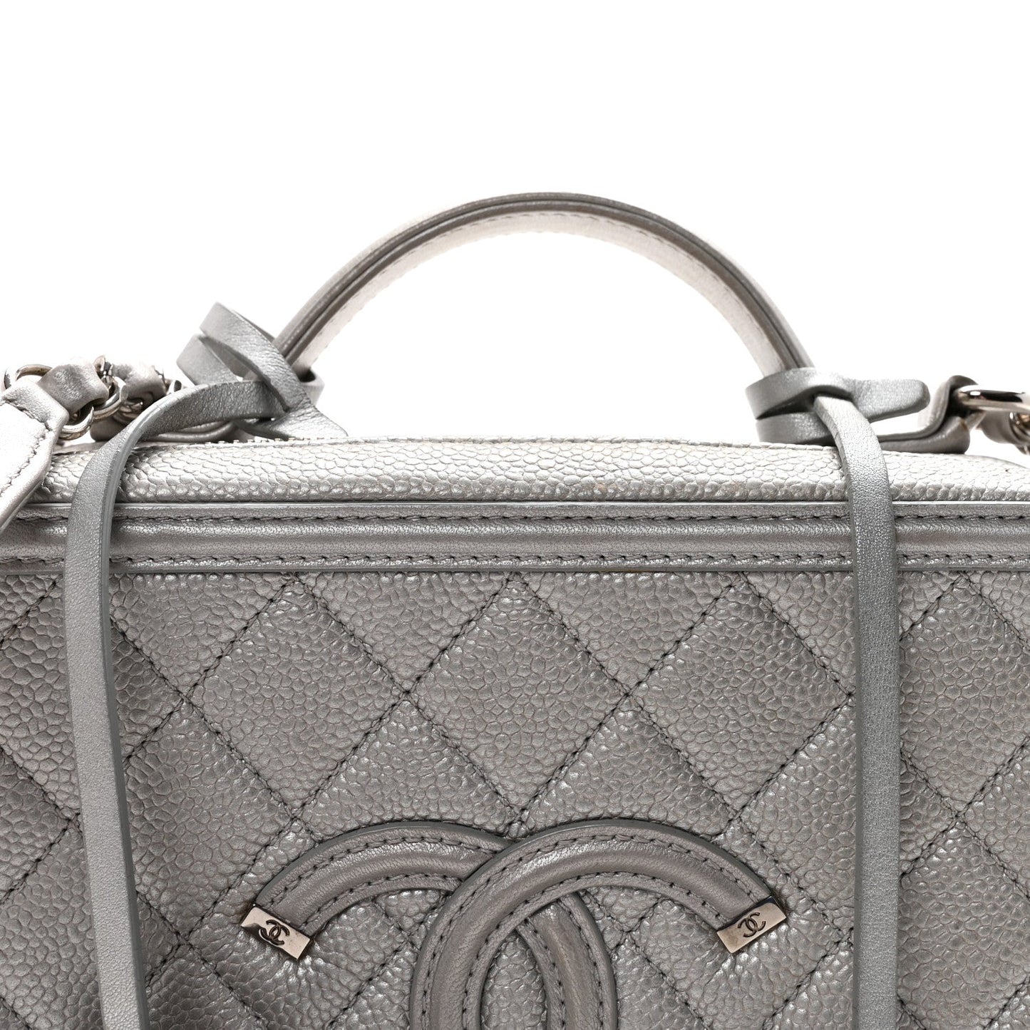 Metallic Caviar Quilted Medium CC Filigree Vanity Case Silver