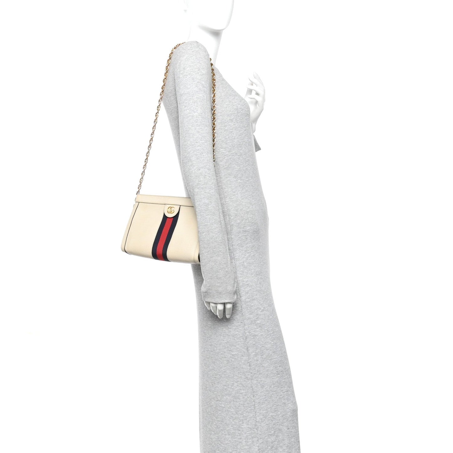 Textured Calfskin Web Small Ophidia Chain Shoulder Bag Mystic White