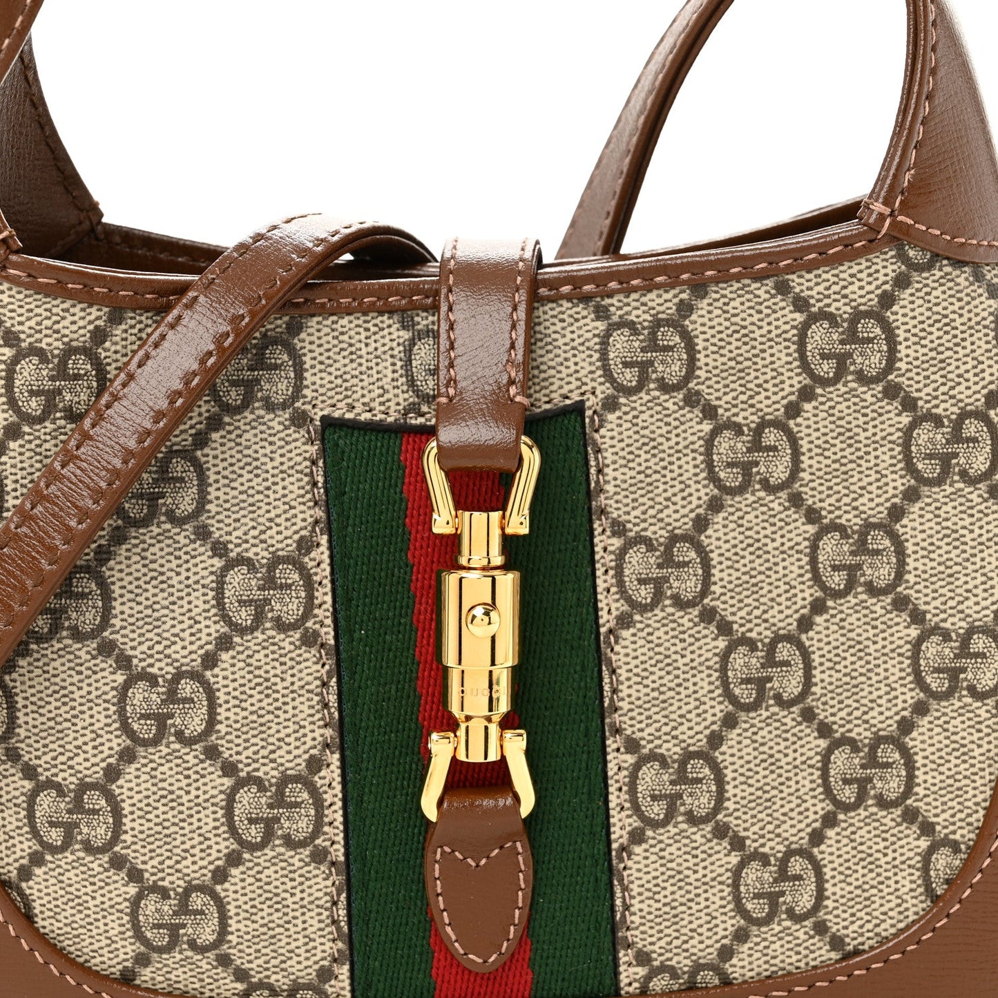 GG Supreme Monogram Azalea Calfskin Web Mini Jackie 1961 Hobo Beige Ebony Brown Sugar