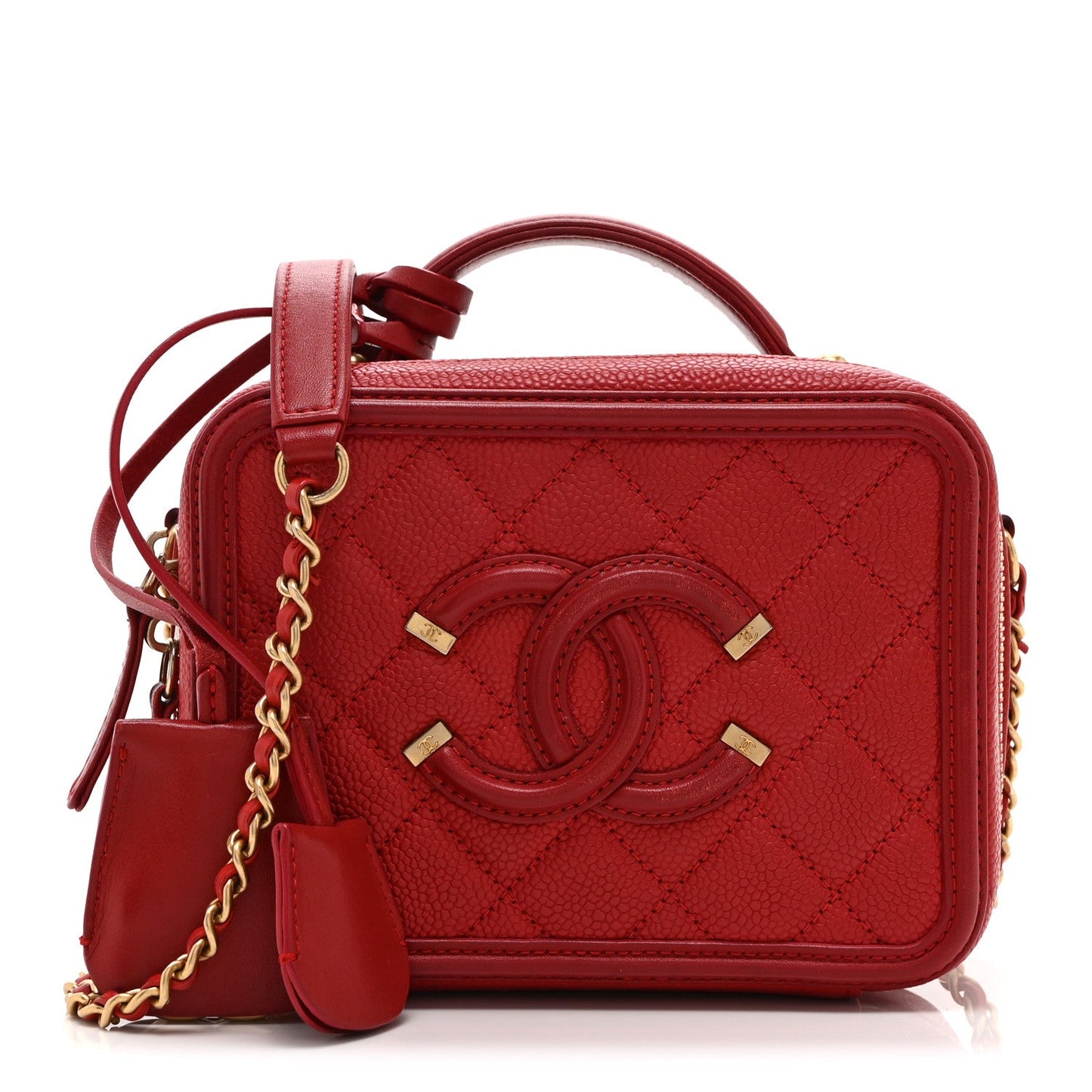 Caviar Quilted Small CC Filigree Vanity Case Red