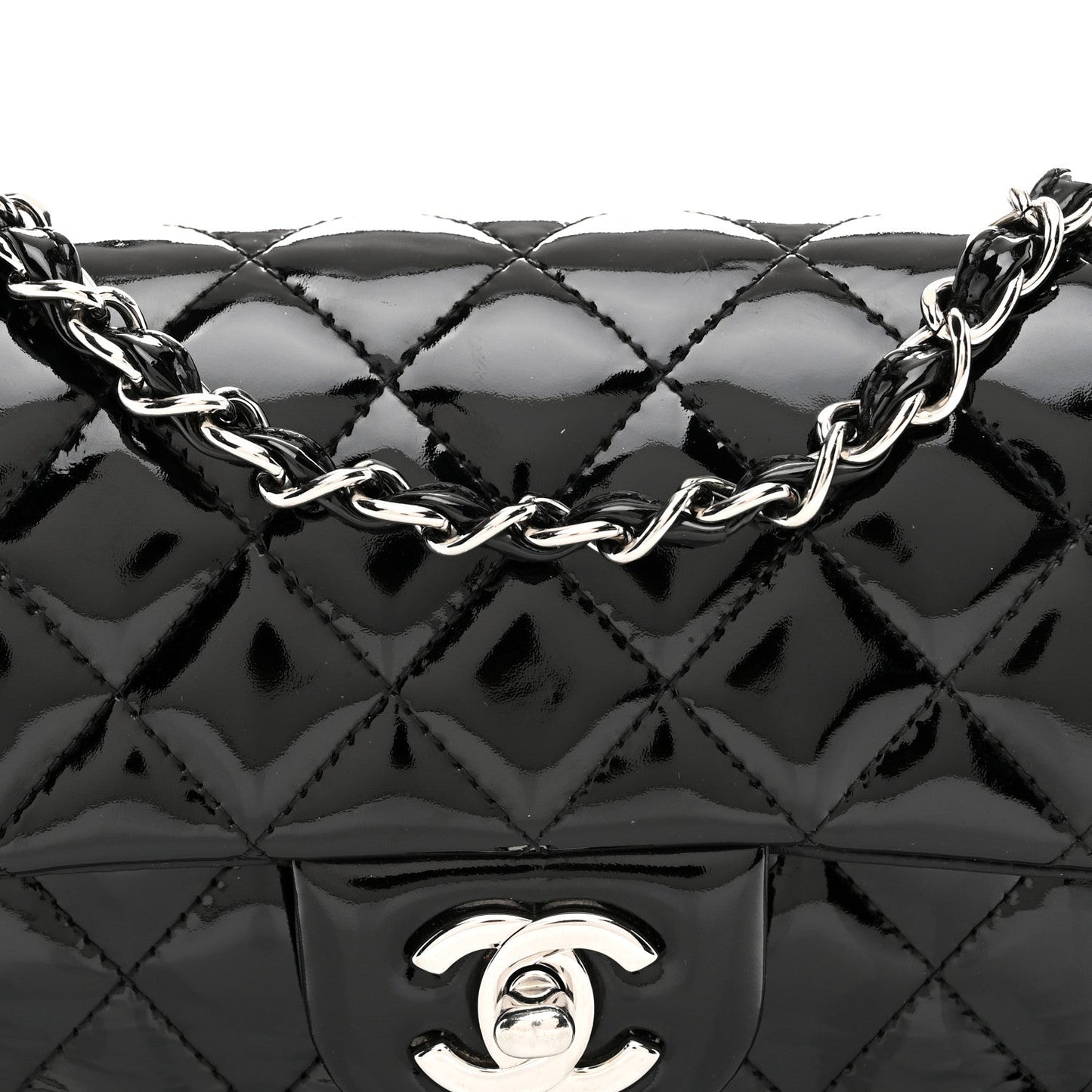 Patent Calfskin Quilted Mini Rectangular Flap Black