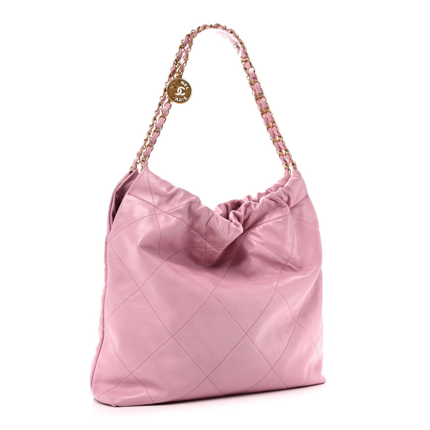 Shiny Calfskin Quilted Chanel 22 Drawstring Bag Pink