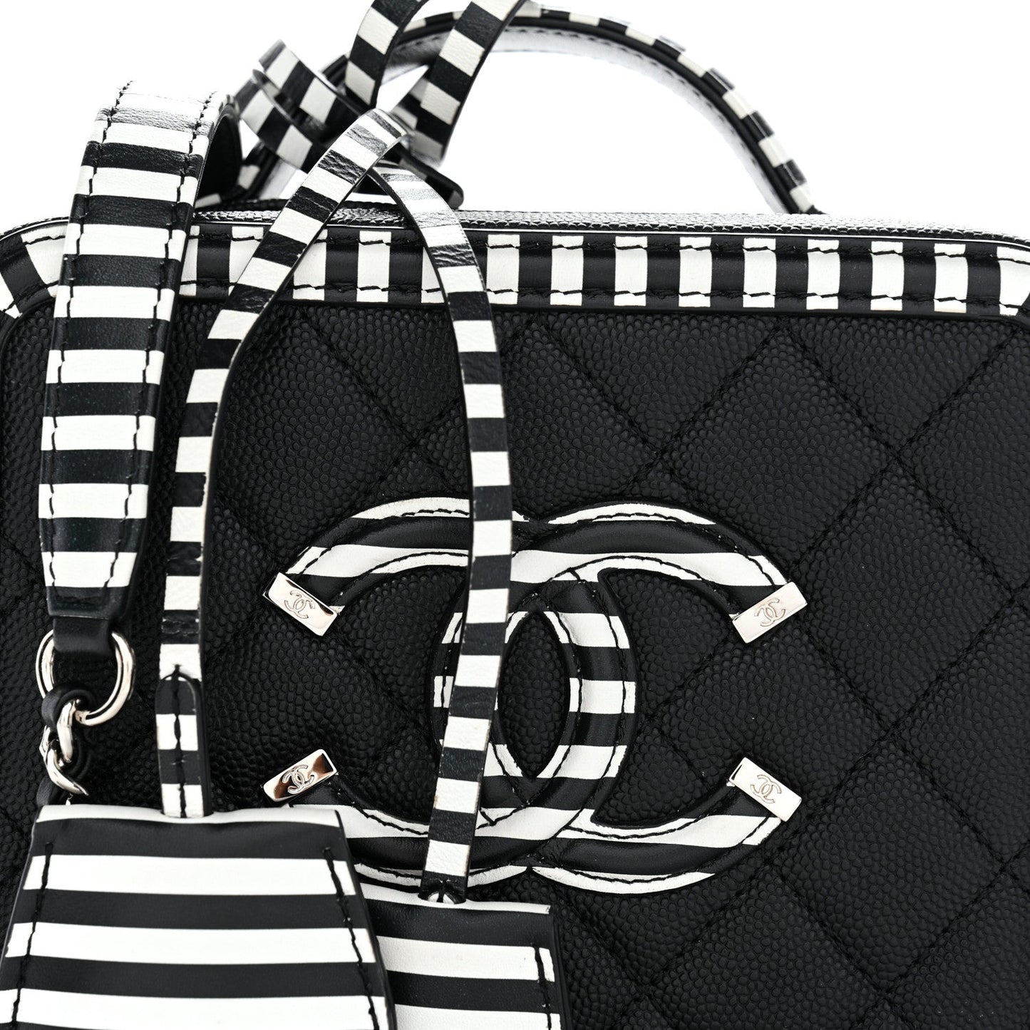 Caviar Quilted Striped Small CC Filigree Vanity Case Black White