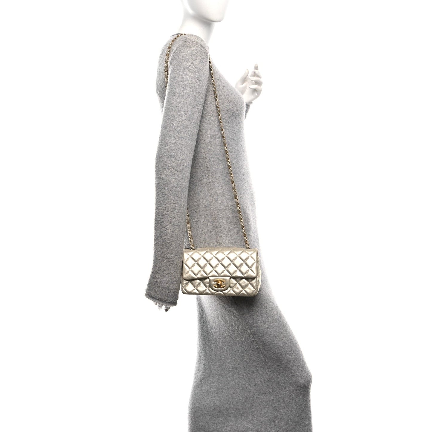 Metallic Lambskin Quilted Mini Rectangular Flap Gold