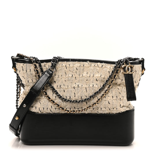 Tweed Calfskin Quilted Medium Gabrielle Hobo Ivory Black
