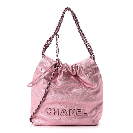 Metallic Lambskin Lacquered Monochrome Quilted Mini Chanel 22 Pink