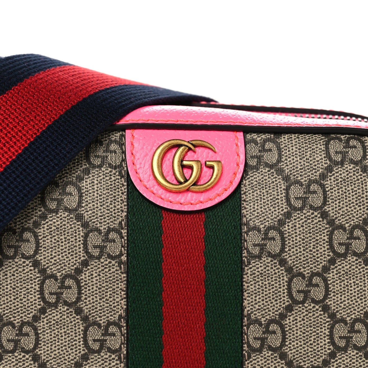 GG Supreme Monogram Textured Dollar Calfskin Web Ophidia Small Crossbody Bag Beige Ebony Fuchsia