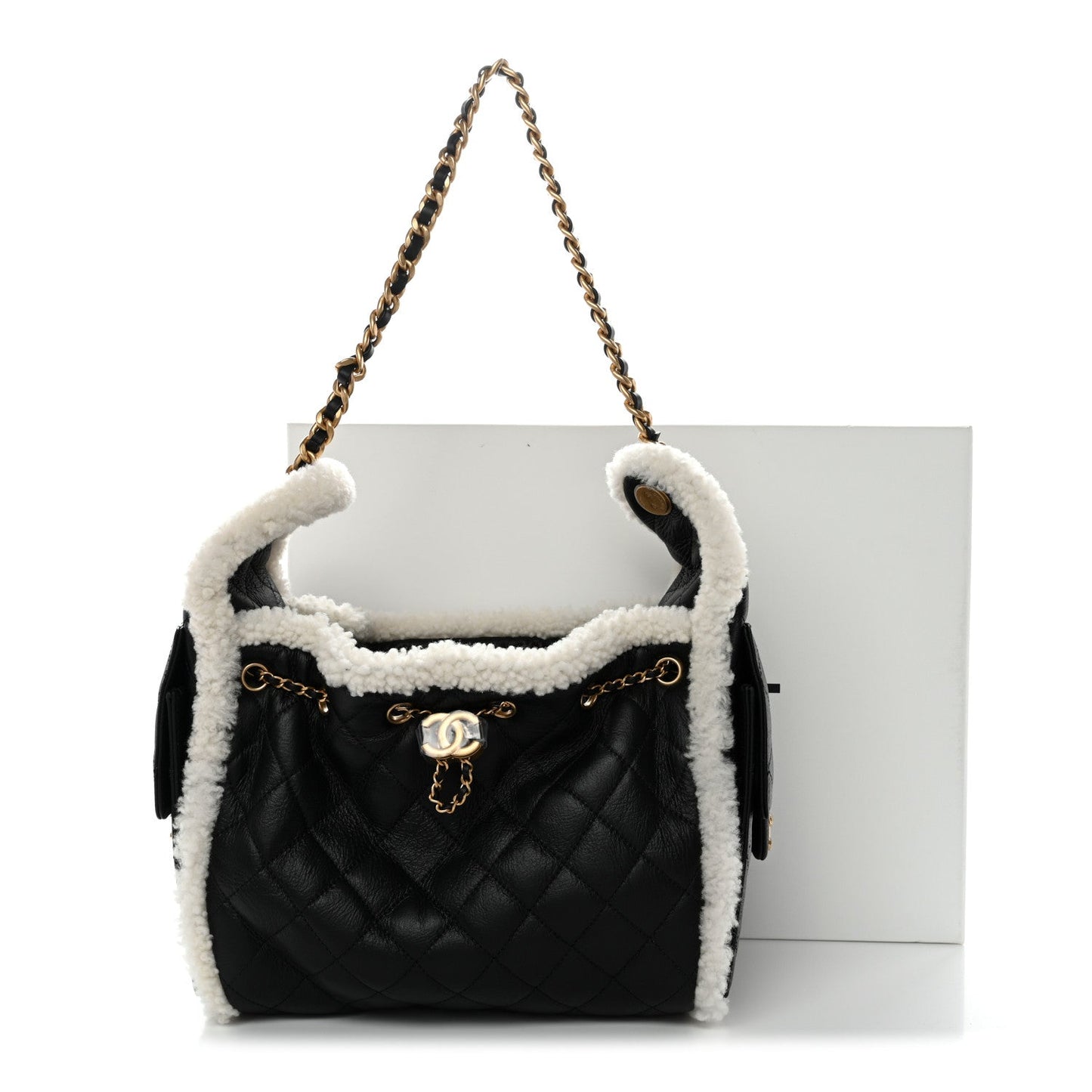 Crumpled Sheepskin Shearling Quilted Small Chanel 25 Handbag Black White