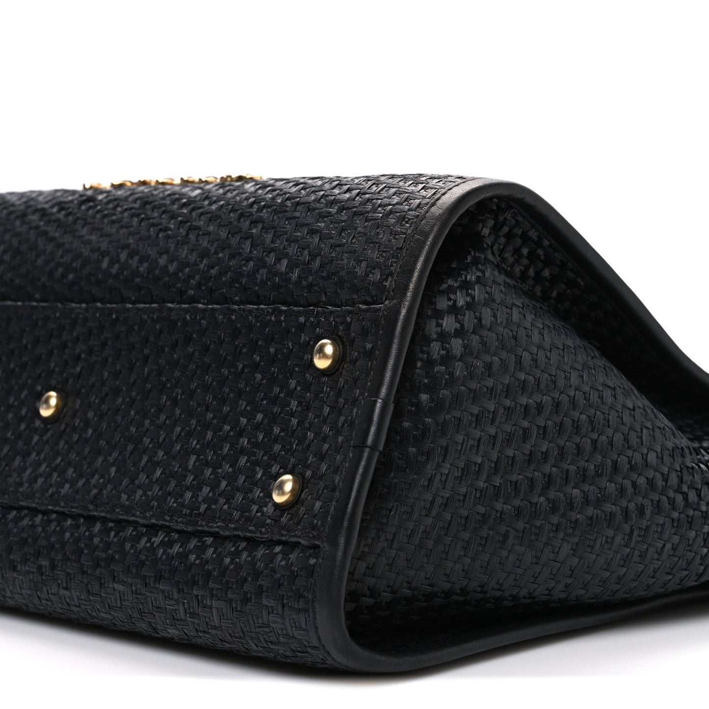 Straw Raffia Calfskin Chain Small Deauville Tote Black