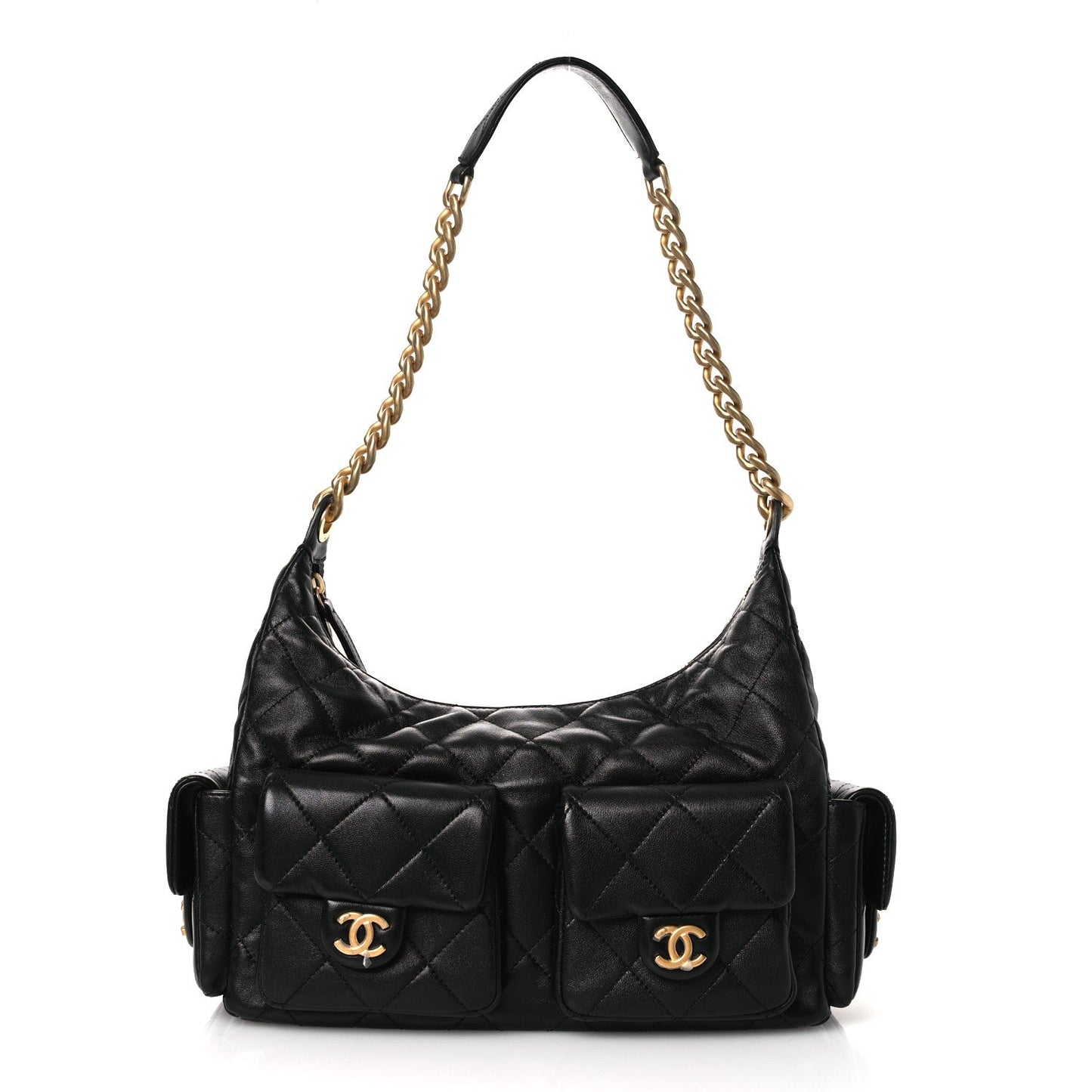 Shiny Lambskin Quilted Trendy Pockets Hobo Black