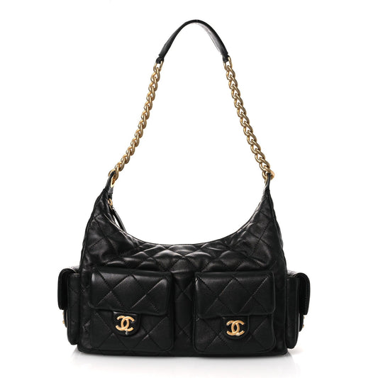 Shiny Lambskin Quilted Trendy Pockets Hobo Black