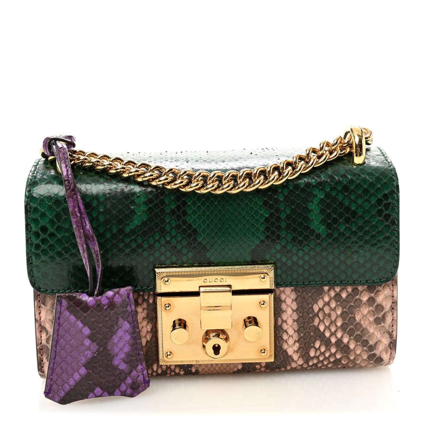 Snakeskin Small Padlock Shoulder Bag Green Pink Purple