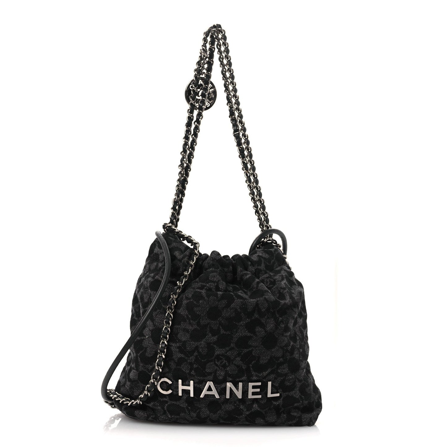 Denim Quilted Floral Print Mini Chanel 22 Black Grey