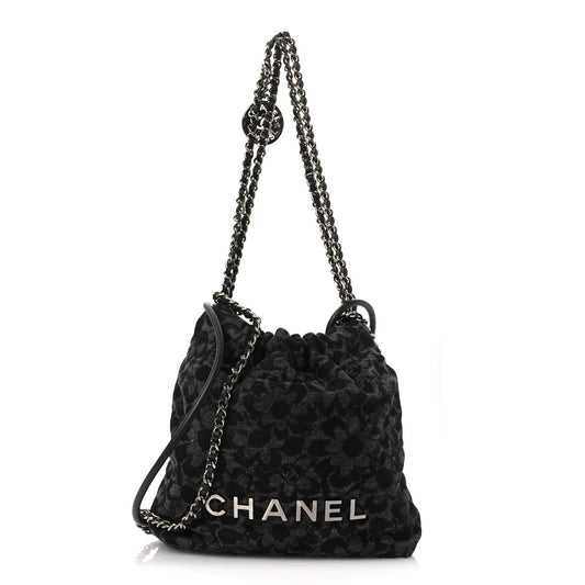 Denim Quilted Floral Print Mini Chanel 22 Black Grey