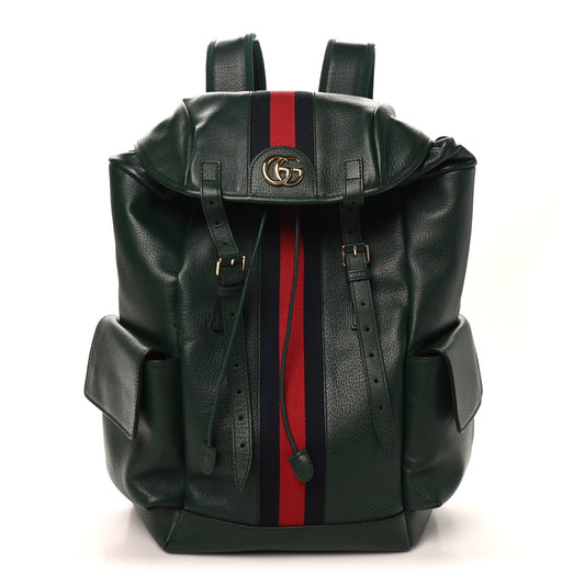 Grained Calfskin Medium Ophidia Double Buckle Backpack Green