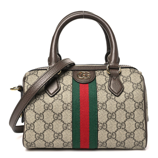 GG Supreme Monogram Textured Dollar Calfskin Web Mini Ophidia Top Handle Bowler Bag Beige Ebony New Acero