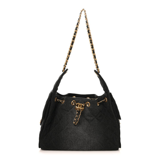 Washed Denim Quilted Small Chanel 25 Handbag Black
