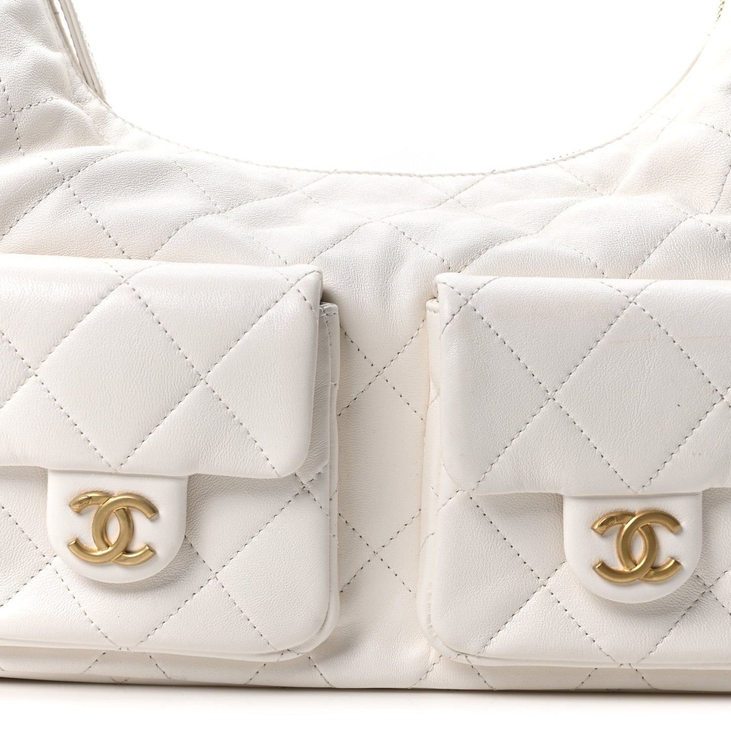 Shiny Lambskin Quilted Trendy Pockets Hobo White
