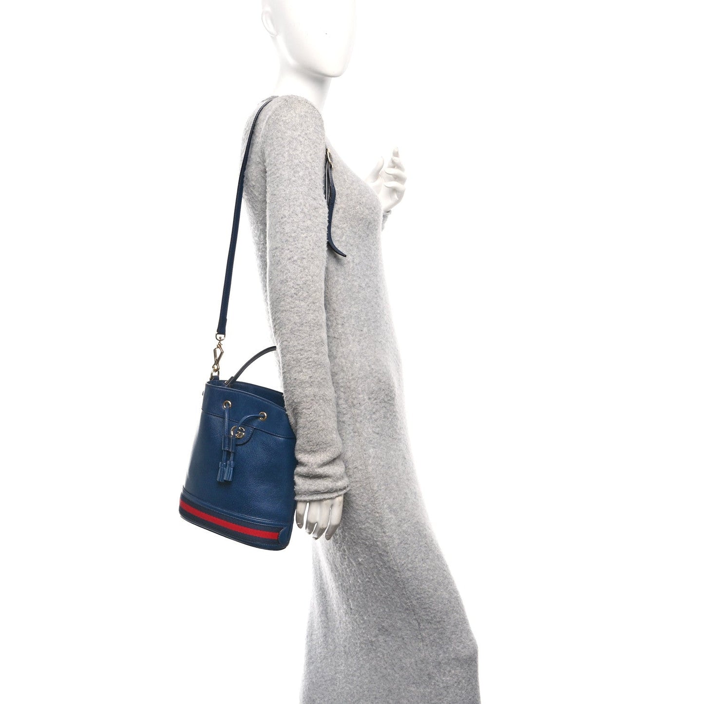 Soft Textured Calfskin Web Small Ophidia Bucket Bag Blue Agata