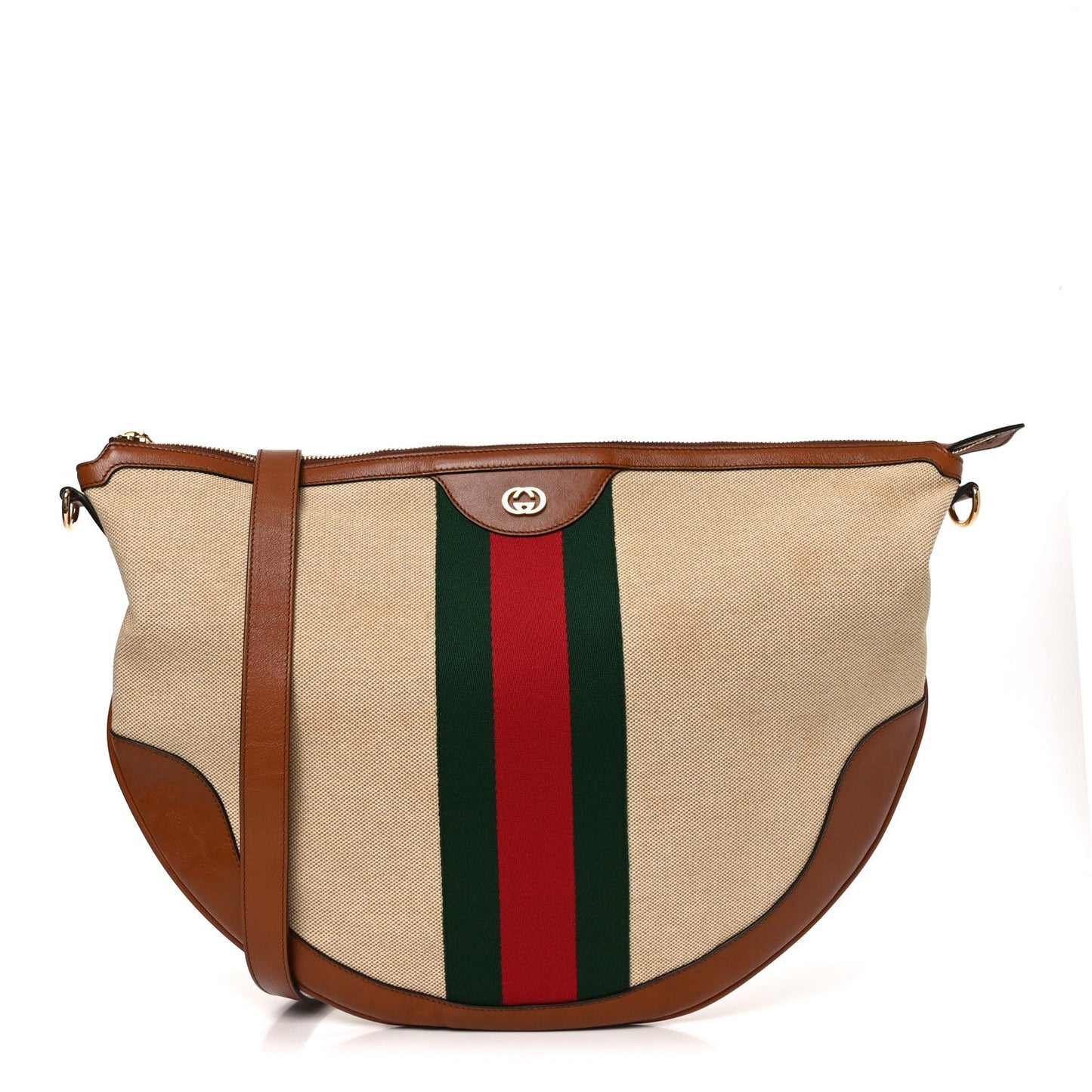 Vintage Canvas Calfskin Web Large Ophidia Half Moon Hobo Sand Light Cuir