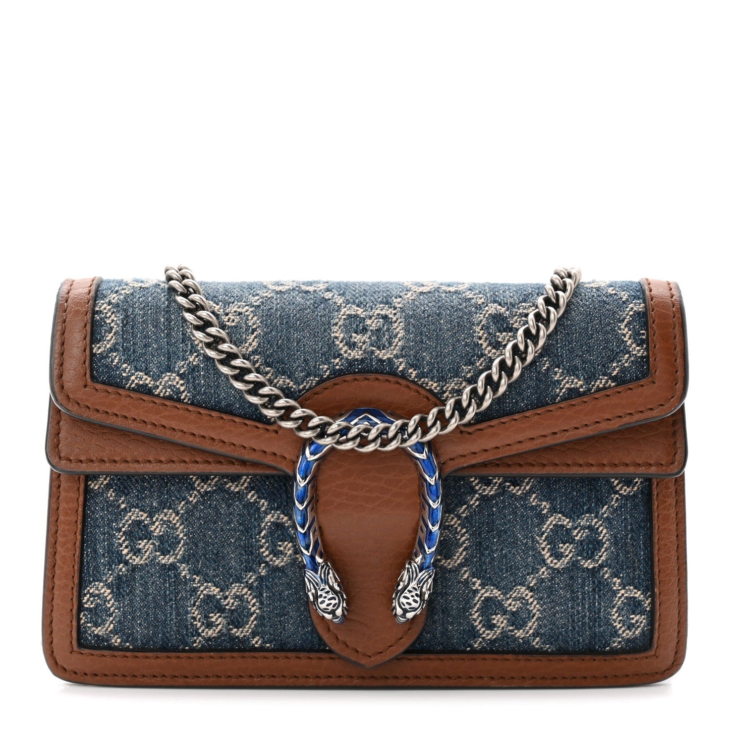 New Denim GG Monogram Dollar Calfskin Enamel Super Mini Dionysus Shoulder Bag Blue Tea Cuir Epilog Electric Blue