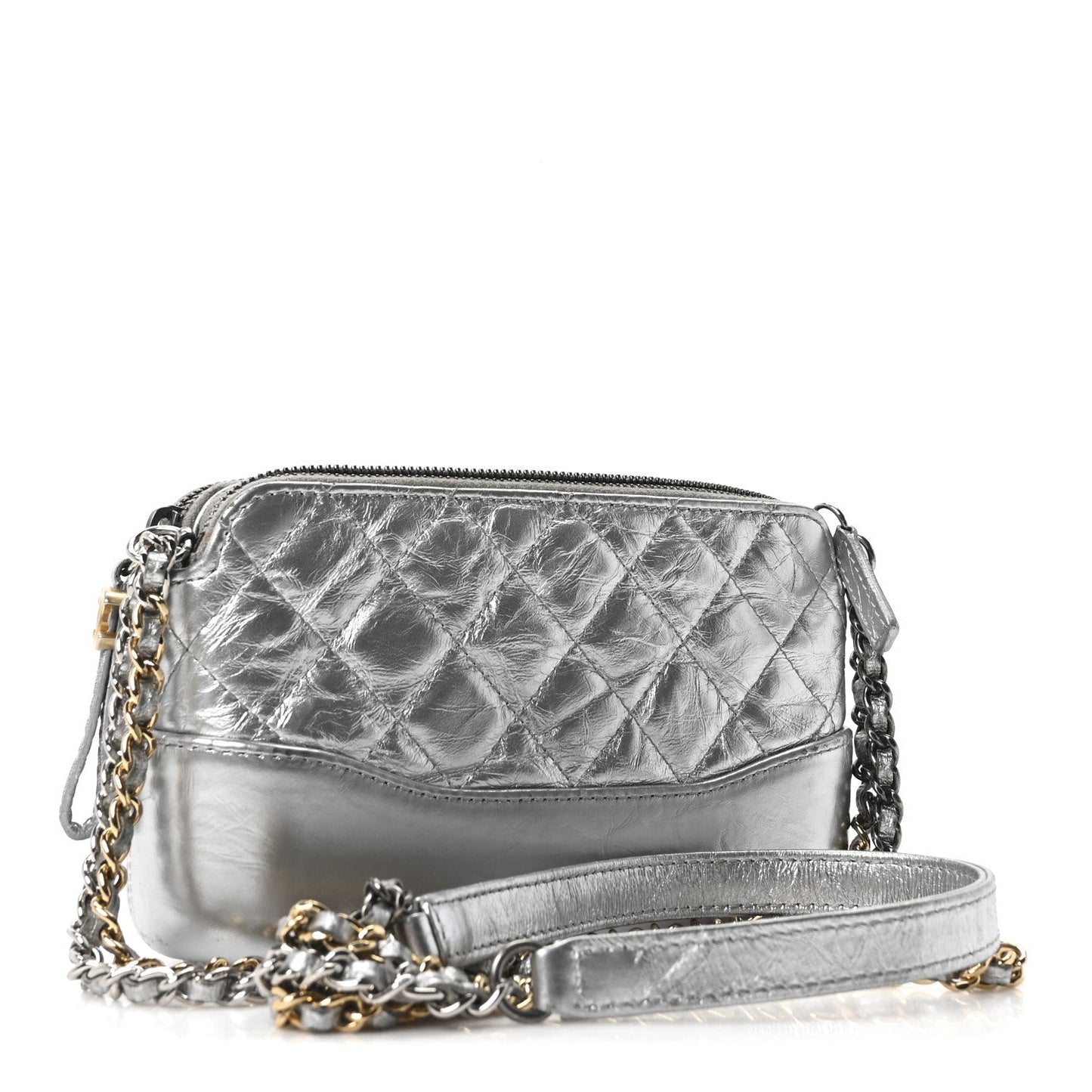Metallic Lambskin Calfskin Quilted Small Gabrielle Clutch With Chain Silver