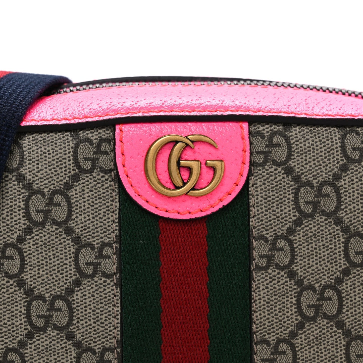 GG Supreme Monogram Textured Dollar Calfskin Web Ophidia Small Crossbody Bag Beige Ebony Fuchsia