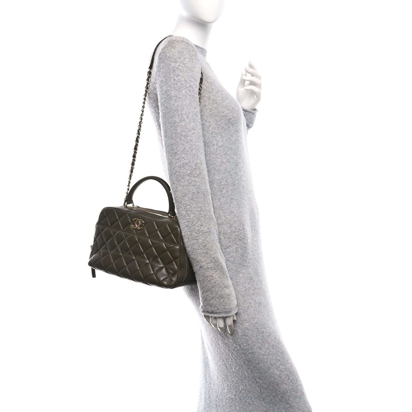 Lambskin Quilted Medium Trendy CC Bowling Bag Dark Khaki