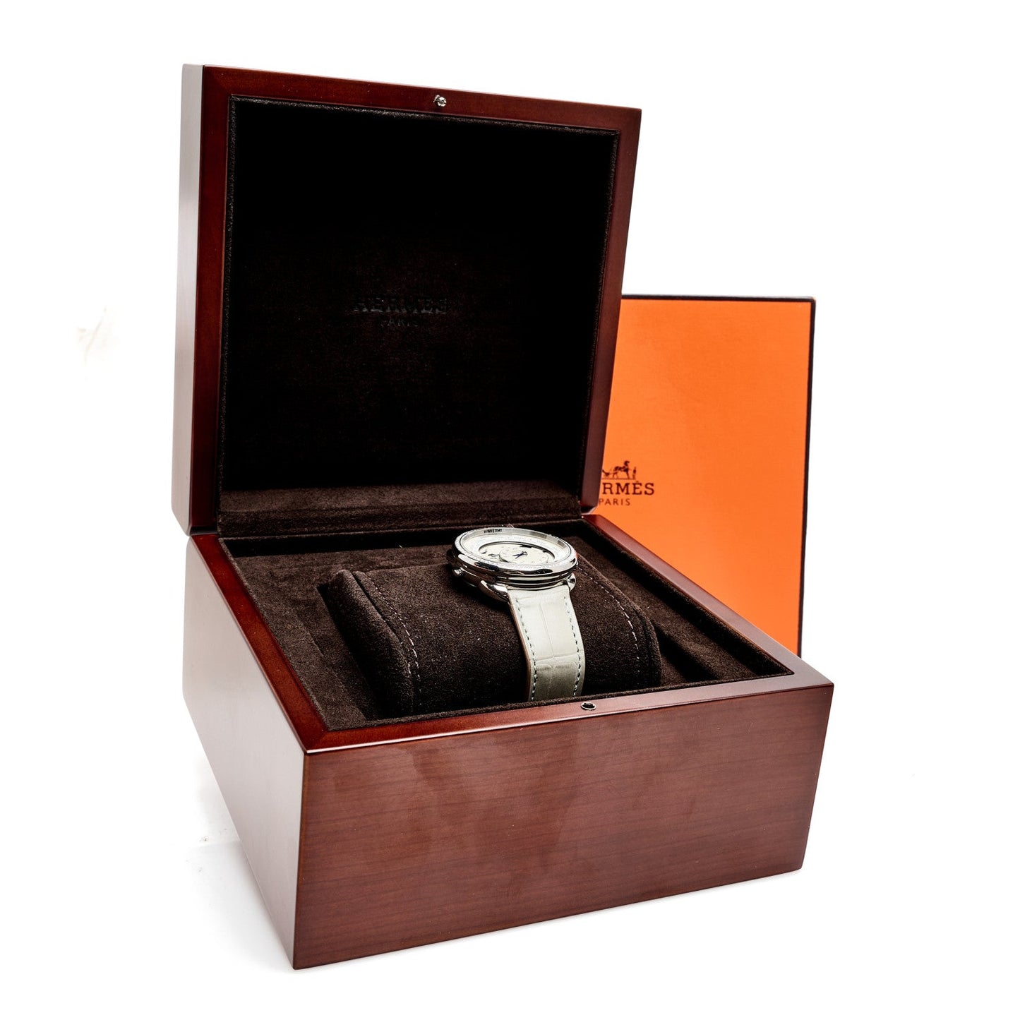 Stainless Steel Alligator Diamond Bezel Mother of Pearl 38mm Arceau Le Temps Voyageur Automatic Watch Gris Perle