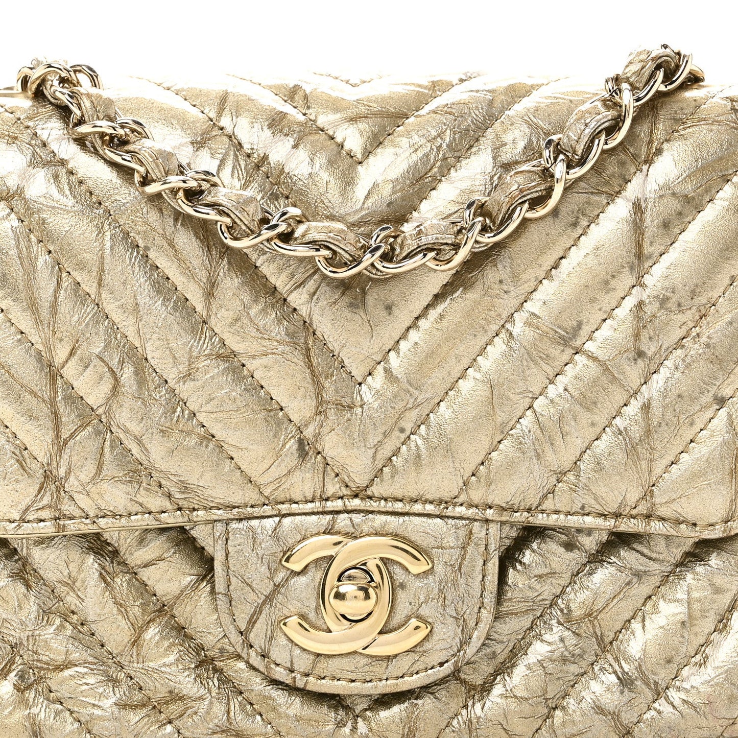 Patent Metallic Crumpled Calfskin Chevron Quilted Mini Square Flap Gold