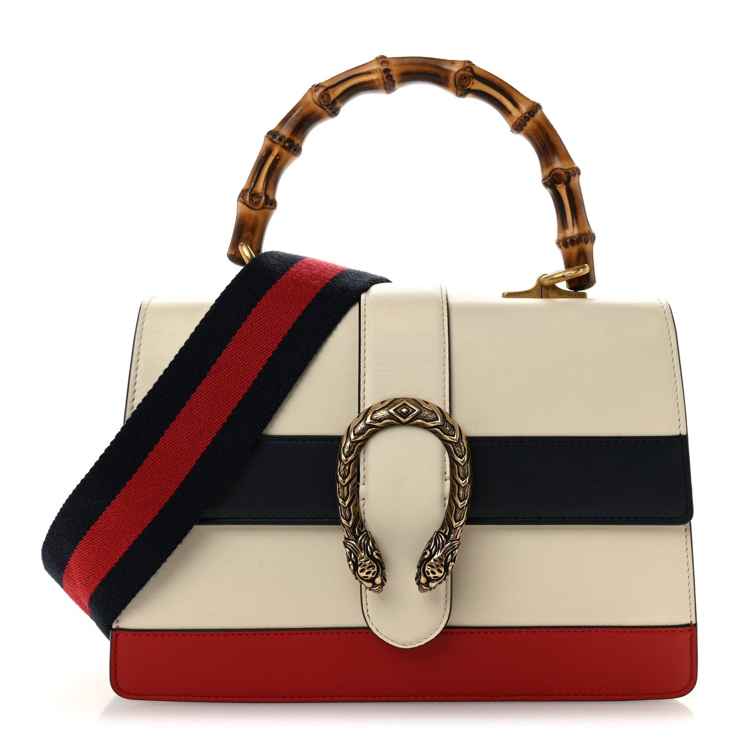 Calfskin Bamboo Web Medium Dionysus Top Handle Bag White Blue Hibiscus Red