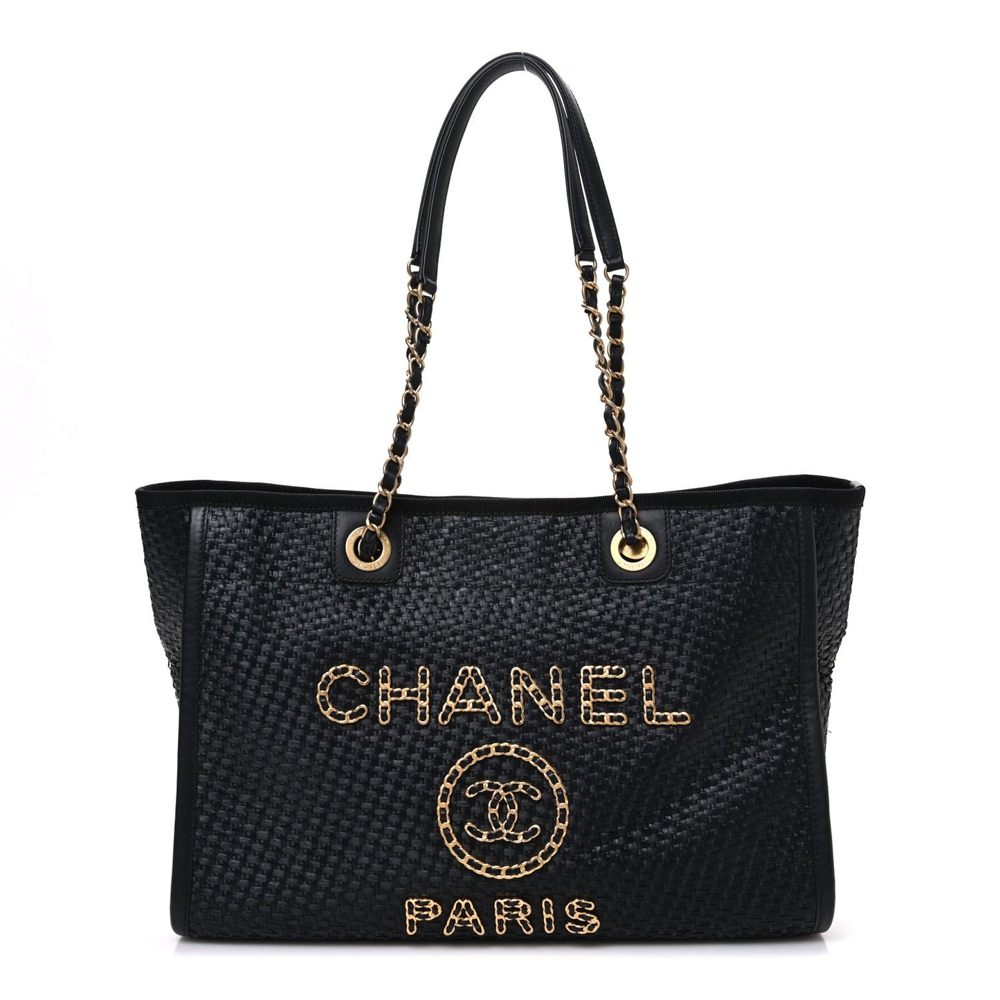 Straw Raffia Calfskin Chain Small Deauville Tote Black