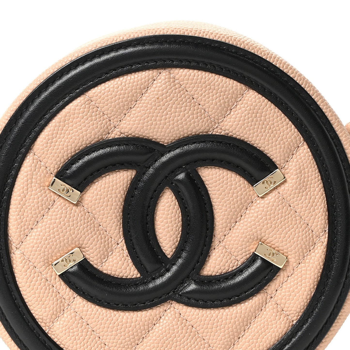 Caviar Quilted Round Filigree Crossbody Beige Black