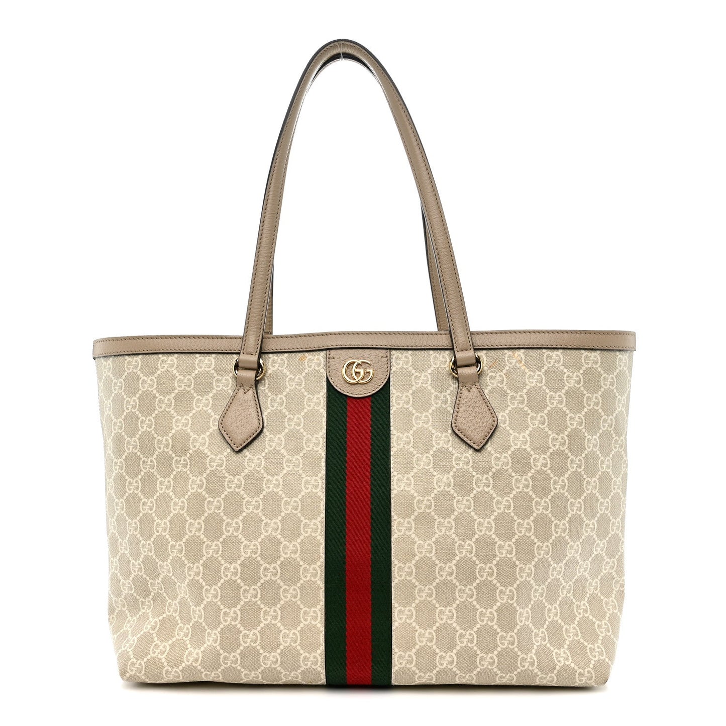 GG Supreme Monogram Textured Dollar Calfskin Web Medium Ophidia Shopping Tote Beige Mystic White Oatmeal