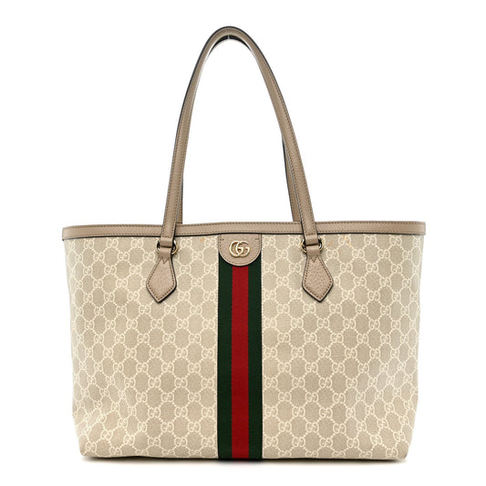 GG Supreme Monogram Textured Dollar Calfskin Web Medium Ophidia Shopping Tote Beige Mystic White Oatmeal